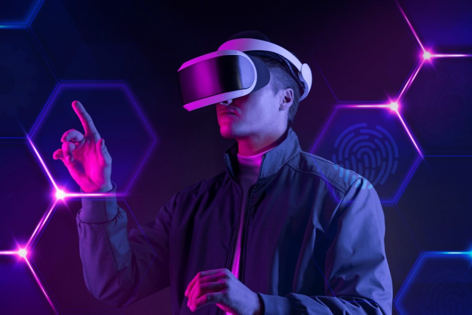 man wearing smart glasses touching virtual screen futuristic technology digital remix